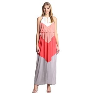 Vince Camuto Coral and Gray Chevron Halter Maxi Dress
